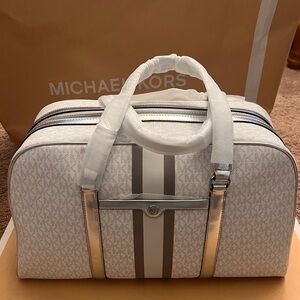 Michael Kors White and Silver Weekender Bag